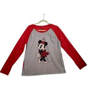 Disney Minnie Mouse Long Sleeve Plaid Red Gray Shirt Women Large